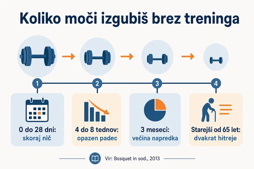 Infografika: časovnica izgube moči brez treninga po tednih in starosti