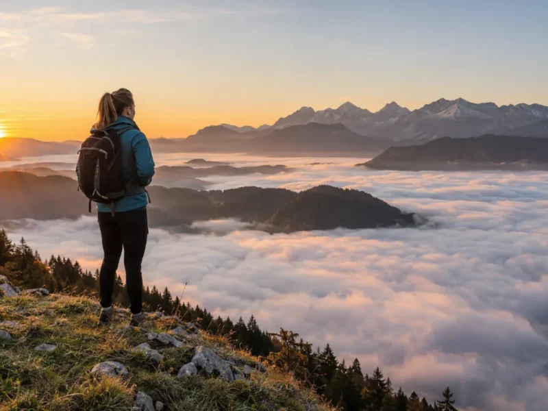 Pohodnik na vrhu nad morjem megle ob sončnem vzhodu