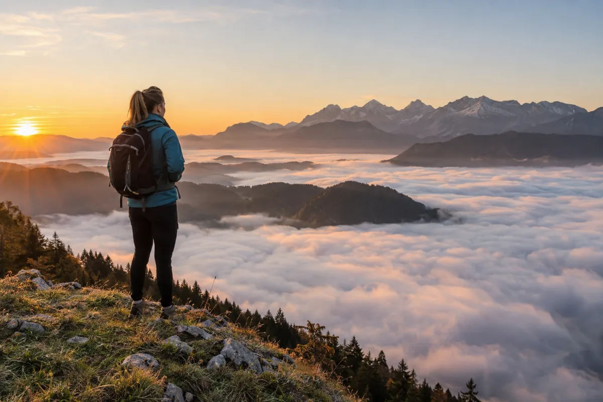 Pohodnik na vrhu nad morjem megle ob sončnem vzhodu