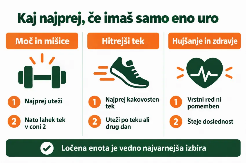 Infografika: vrstni red uteži in teka glede na cilj