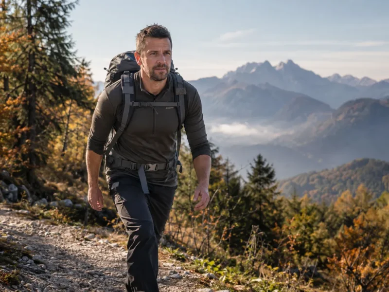 Rucking: hoja z obteženim nahrbtnikom po gozdni cesti