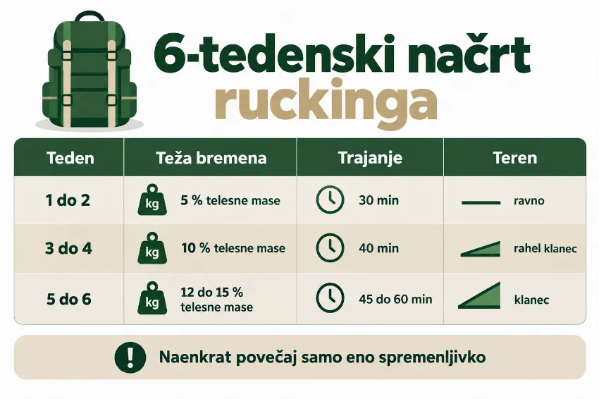 Infografika: 6-tedenski načrt ruckinga od 5 do 15 % telesne teže