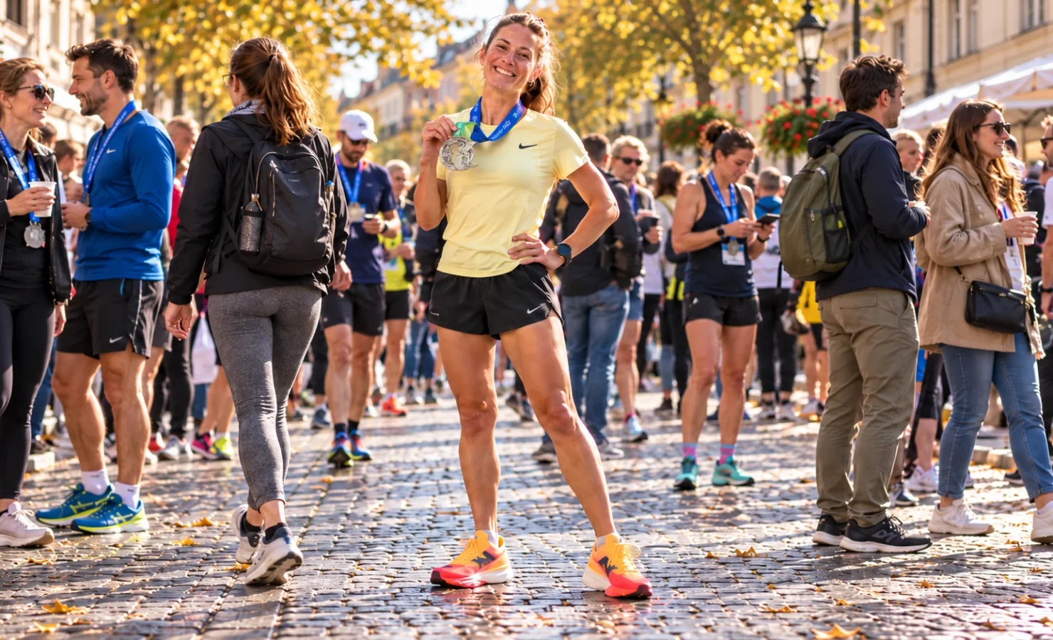 Dan po Ljubljanskem maratonu – tekačica z medaljo po teku v družbi drugih udeležencev