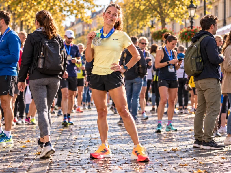 Dan po Ljubljanskem maratonu – tekačica z medaljo po teku v družbi drugih udeležencev