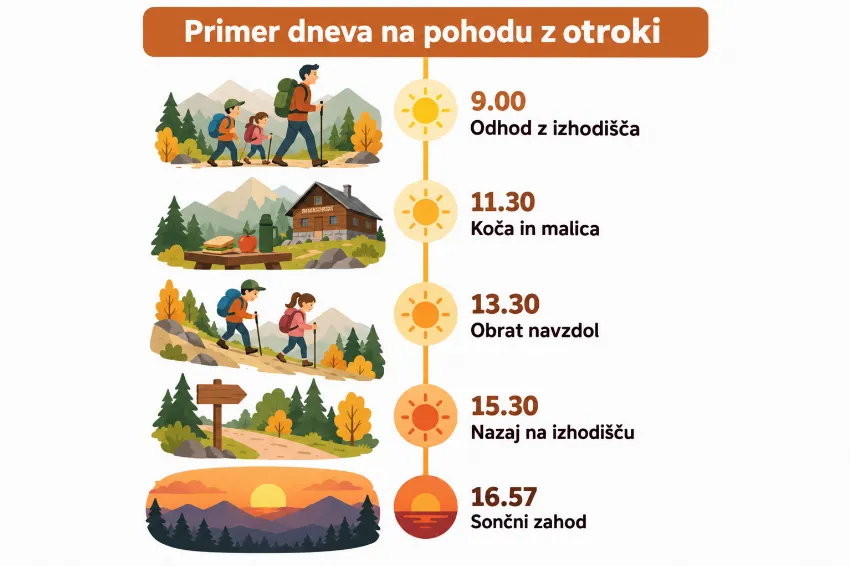 Primer časovnice družinskega pohoda pred sončnim zahodom
